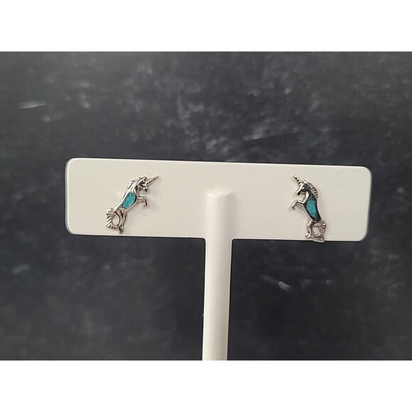 Unicorn Faux Turquoise Silver Tone Stud Earrings Vintage - Picture 3 of 10